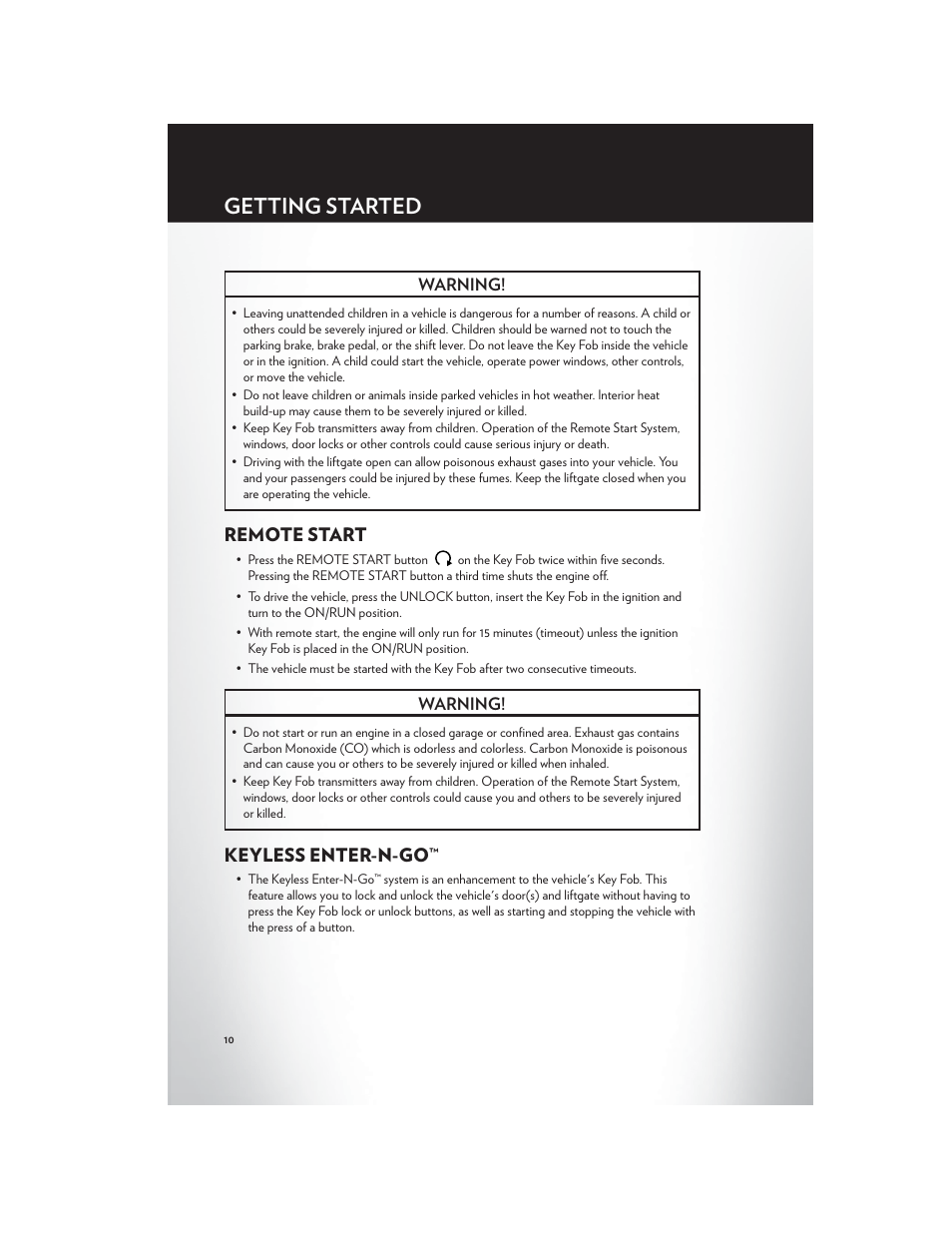 Remote start, Keyless enter-n-go, Getting started | Warning | Chrysler 2012 Country - User Guide User Manual | Page 12 / 132