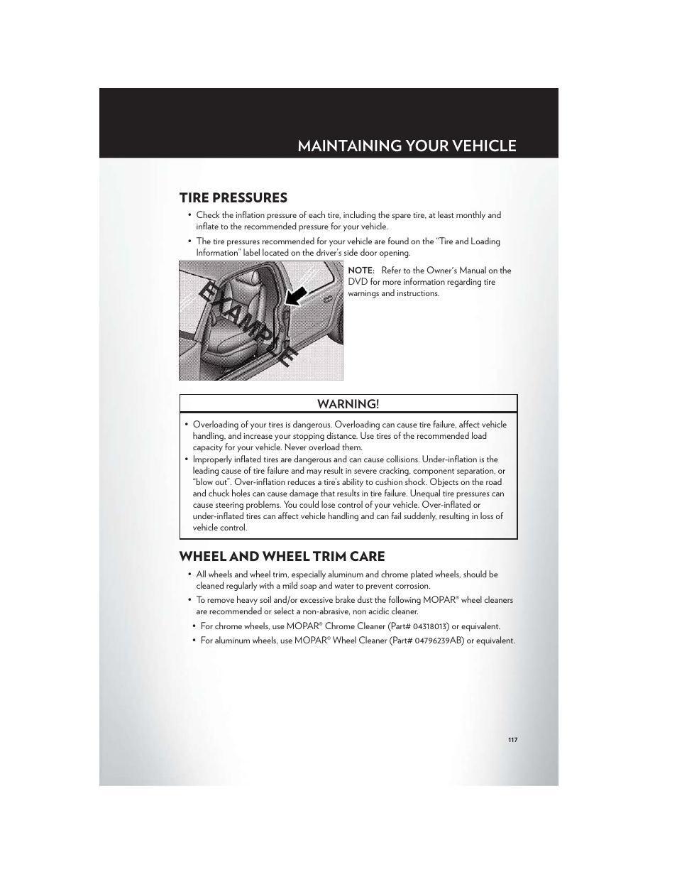 Tire pressures, Wheel and wheel trim care, Maintaining your vehicle | Chrysler 2012 Country - User Guide User Manual | Page 121 / 132