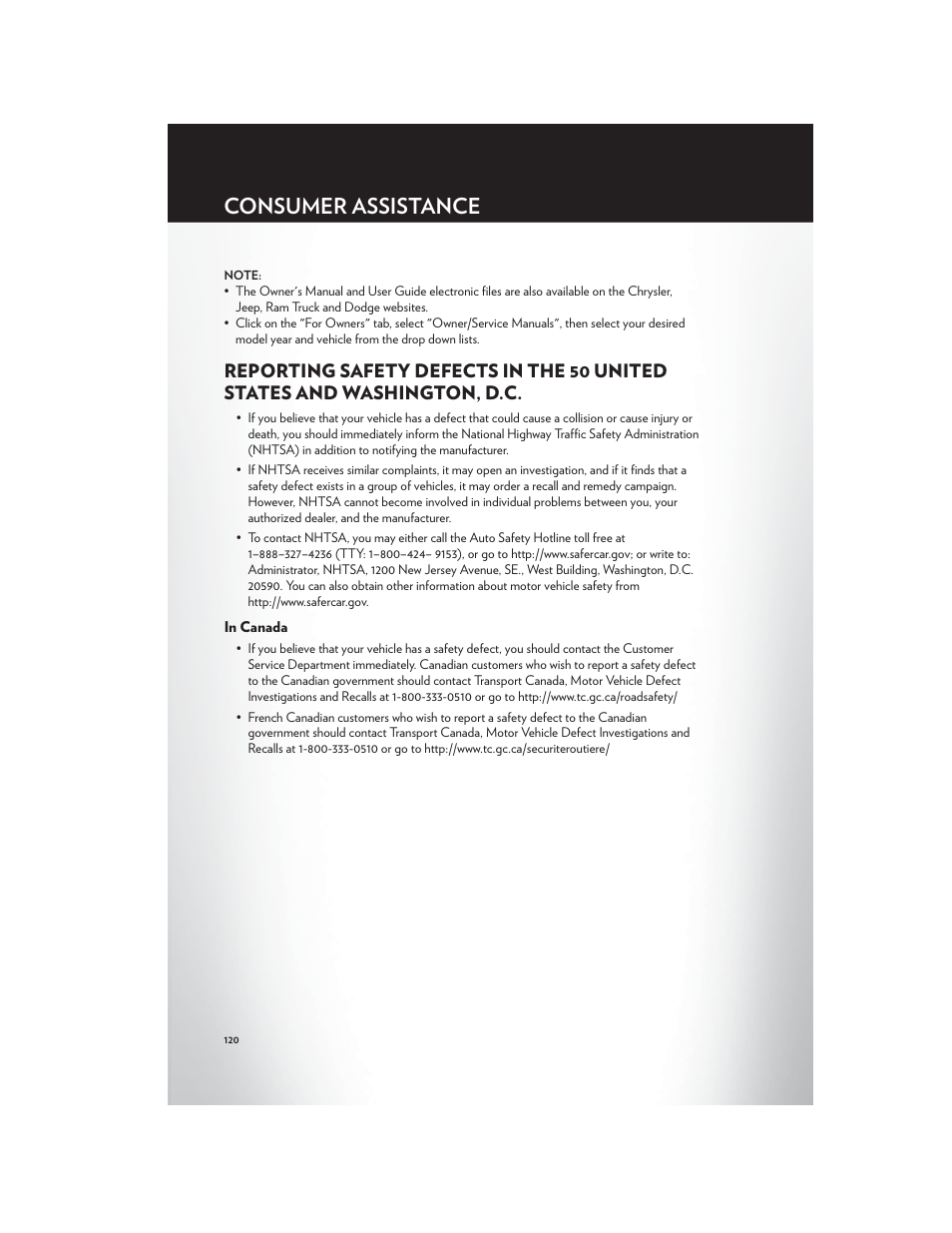 In canada, Consumer assistance | Chrysler 2012 Country - User Guide User Manual | Page 124 / 132