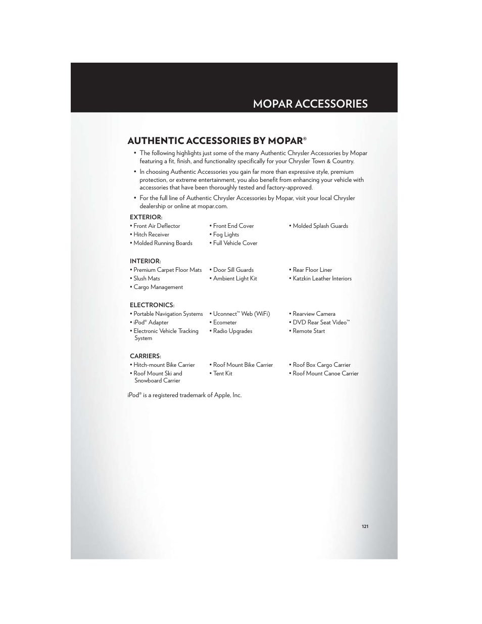 Mopar accessories, Authentic accessories by mopar | Chrysler 2012 Country - User Guide User Manual | Page 125 / 132
