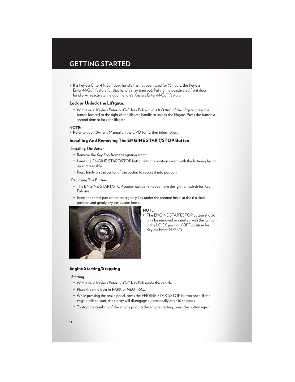Lock or unlock the liftgate, Engine starting/stopping, Getting started | Chrysler 2012 Country - User Guide User Manual | Page 14 / 132