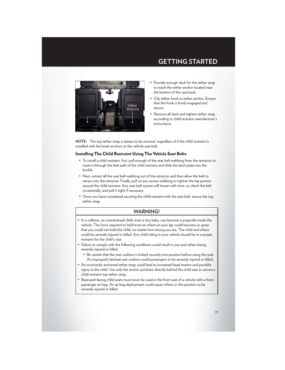 Getting started, Warning | Chrysler 2012 Country - User Guide User Manual | Page 19 / 132