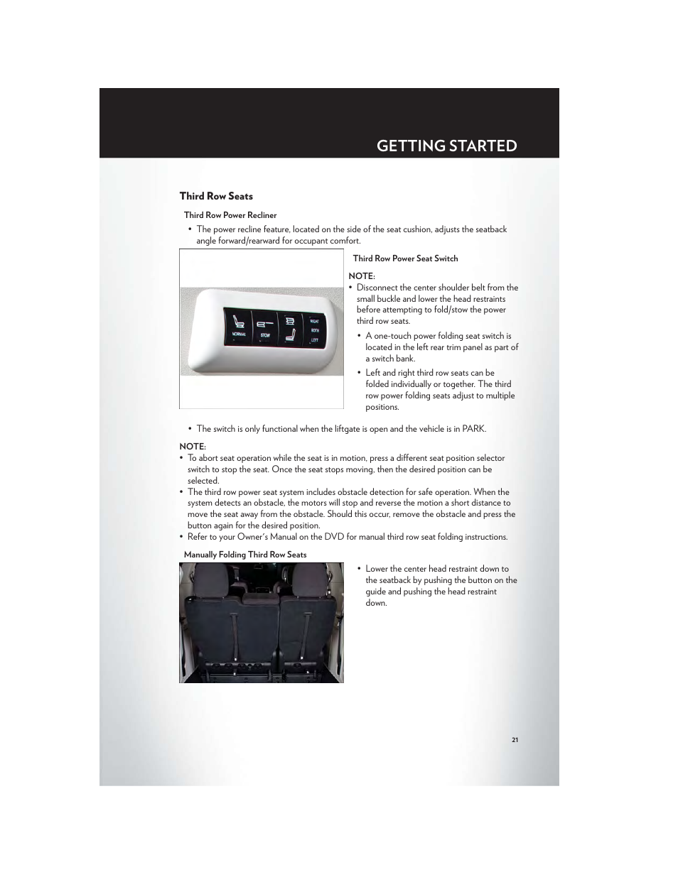 Third row seats, Getting started | Chrysler 2012 Country - User Guide User Manual | Page 23 / 132
