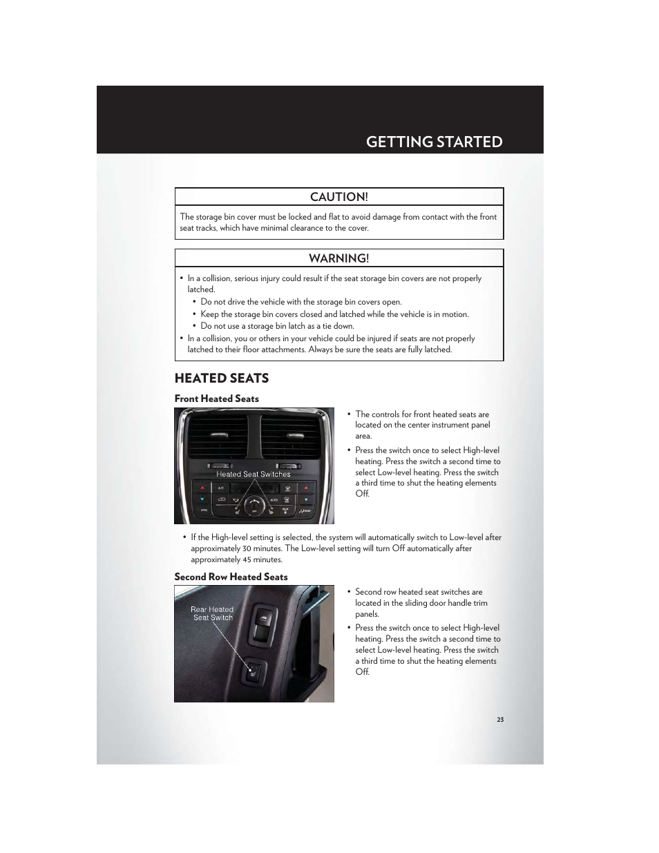 Heated seats, Front heated seats, Second row heated seats | Getting started | Chrysler 2012 Country - User Guide User Manual | Page 25 / 132