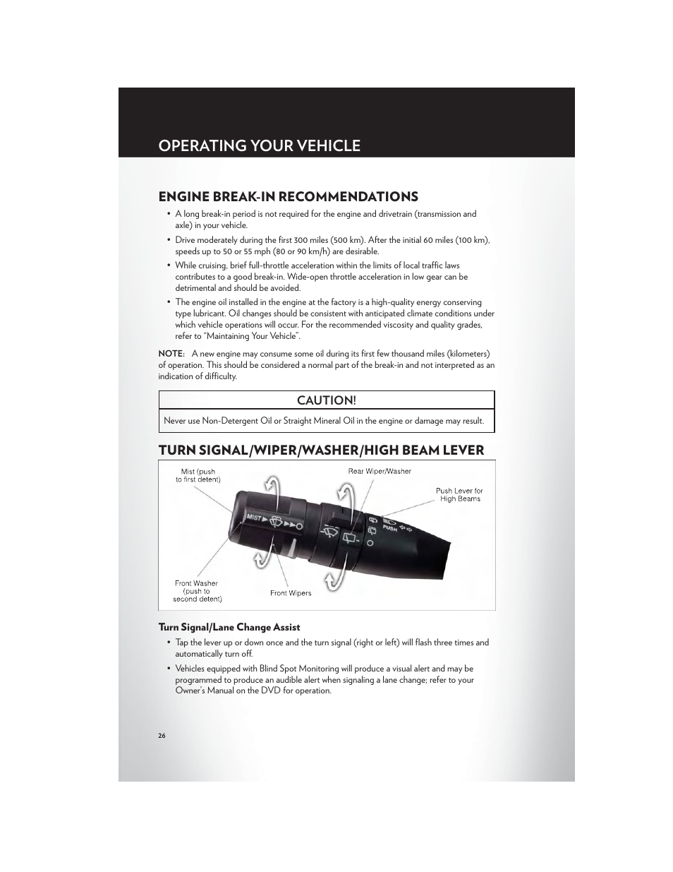 Operating your vehicle, Engine break-in recommendations, Turn signal/wiper/washer/high beam lever | Turn signal/lane change assist | Chrysler 2012 Country - User Guide User Manual | Page 28 / 132