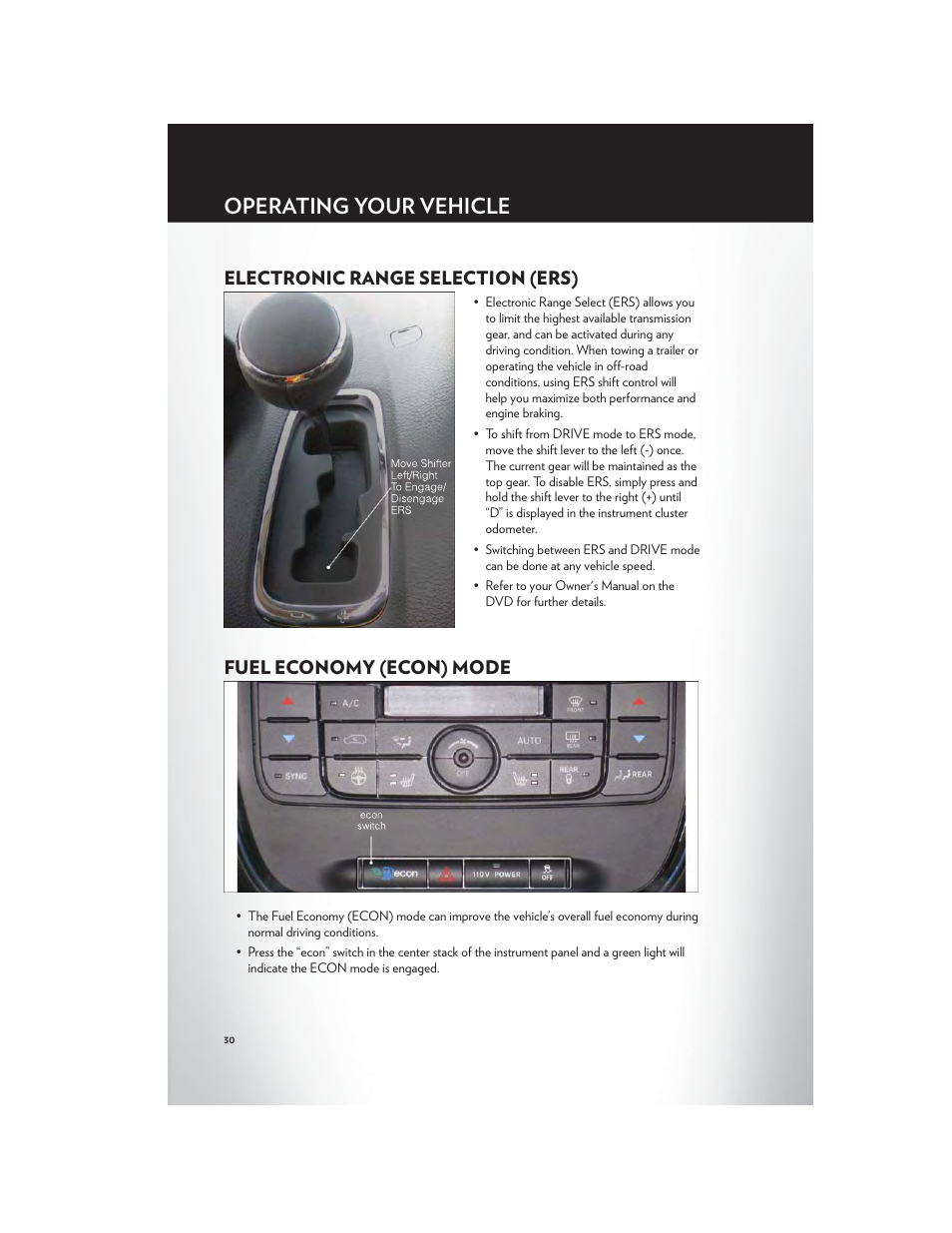 Electronic range selection (ers), Fuel economy (econ) mode, Operating your vehicle | Chrysler 2012 Country - User Guide User Manual | Page 32 / 132