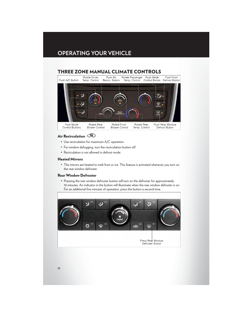 Three zone manual climate controls, Air recirculation, Heated mirrors | Rear window defroster, Operating your vehicle | Chrysler 2012 Country - User Guide User Manual | Page 34 / 132
