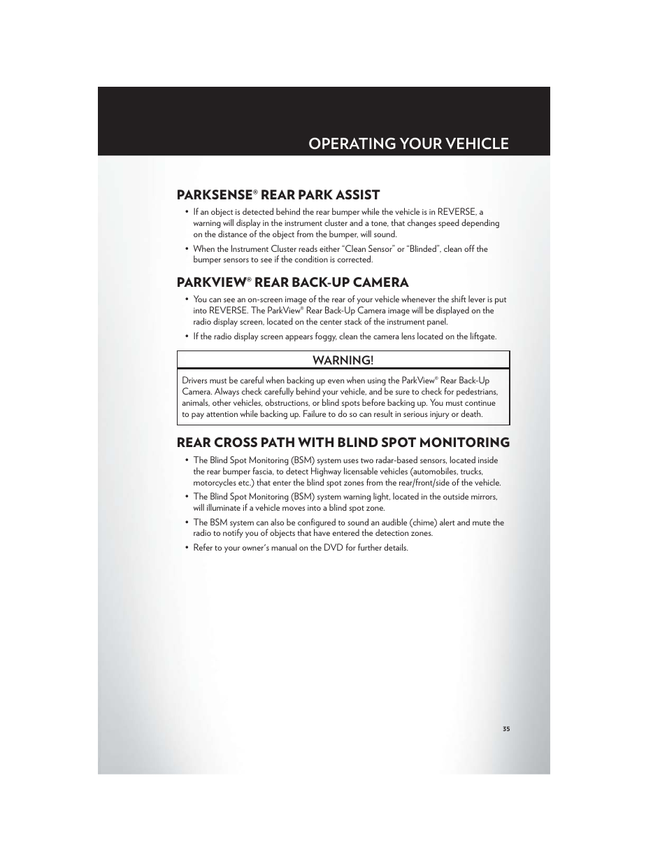 Parksense® rear park assist, Parkview® rear back-up camera, Rear cross path with blind spot monitoring | Operating your vehicle | Chrysler 2012 Country - User Guide User Manual | Page 37 / 132