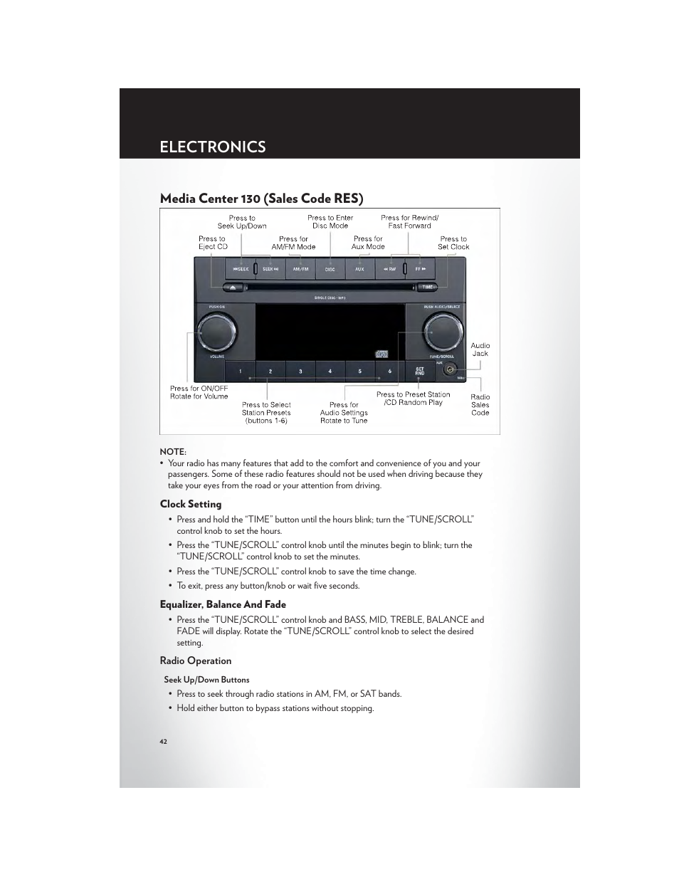 Media center 130 (sales code res), Clock setting, Equalizer, balance and fade | Radio operation, Electronics | Chrysler 2012 Country - User Guide User Manual | Page 44 / 132