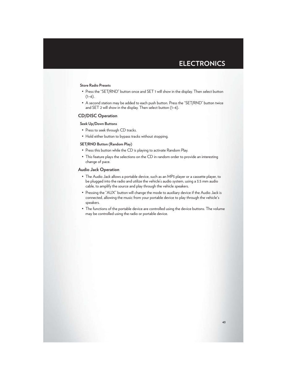 Cd/disc operation, Audio jack operation, Electronics | Chrysler 2012 Country - User Guide User Manual | Page 45 / 132