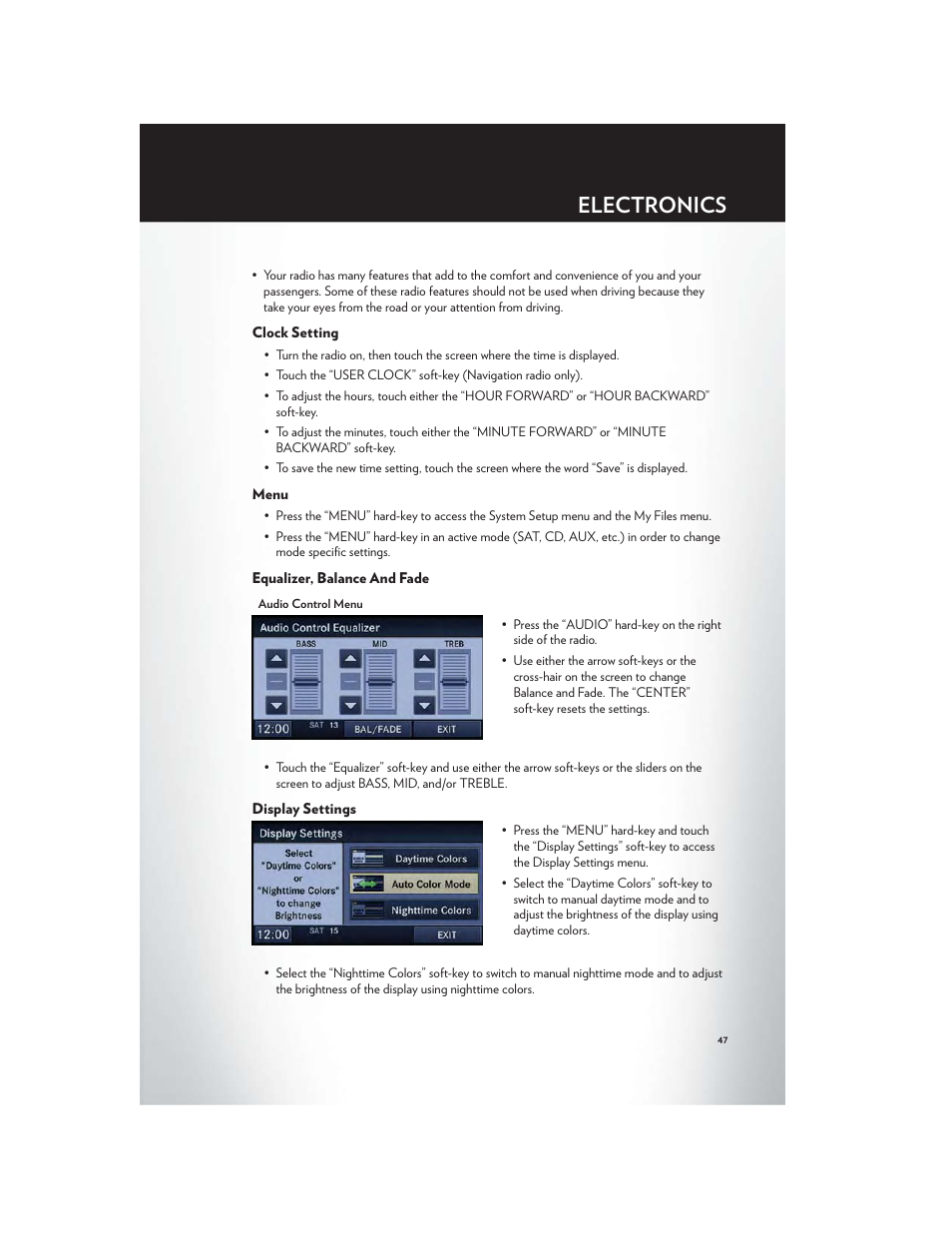 Clock setting, Menu, Equalizer, balance and fade | Display settings, Electronics | Chrysler 2012 Country - User Guide User Manual | Page 49 / 132