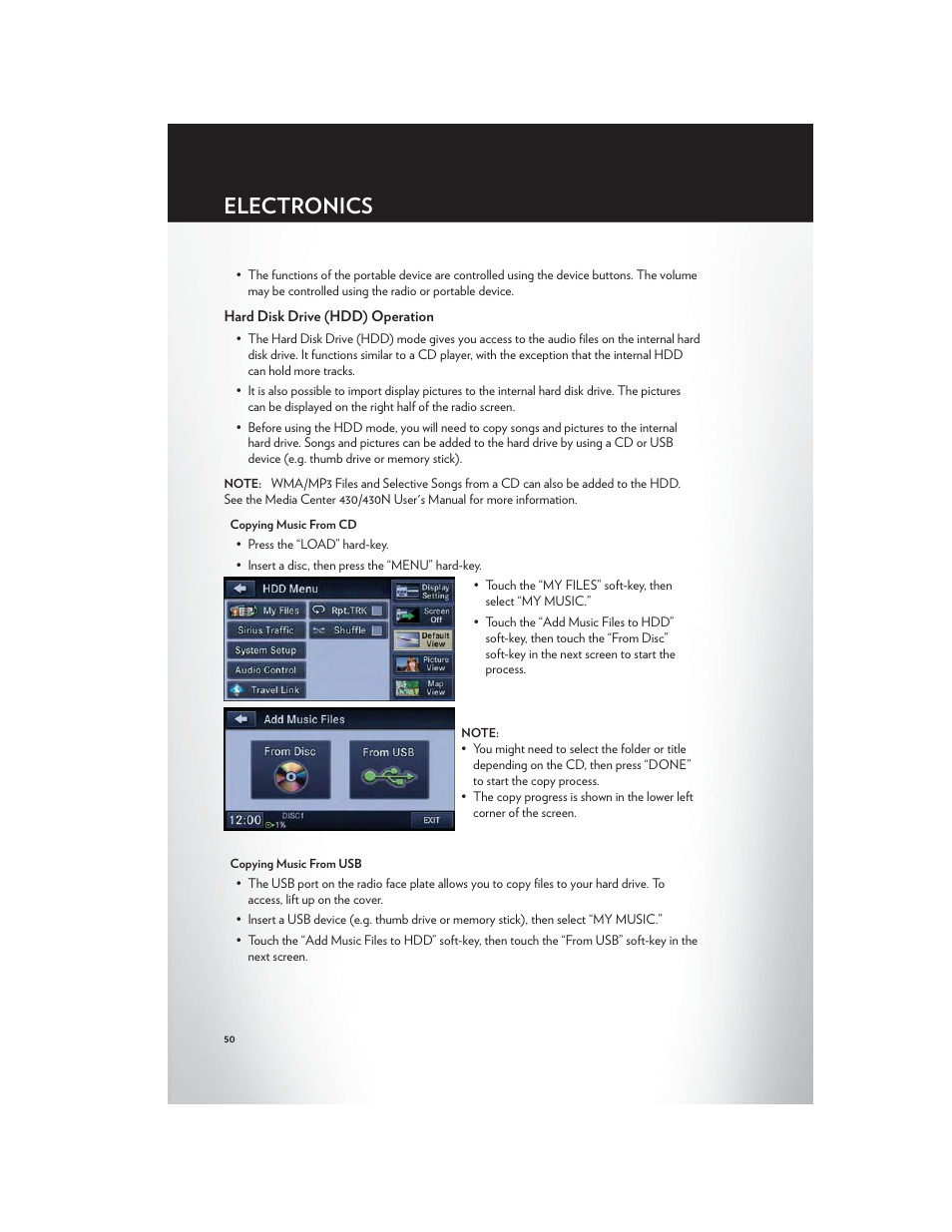 Hard disk drive (hdd) operation, Electronics | Chrysler 2012 Country - User Guide User Manual | Page 52 / 132