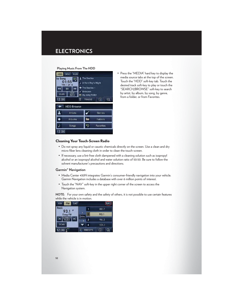 Cleaning your touch-screen radio, Garmin® navigation, Electronics | Chrysler 2012 Country - User Guide User Manual | Page 54 / 132