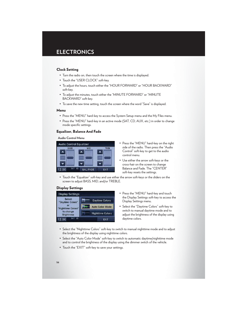 Clock setting, Menu, Equalizer, balance and fade | Display settings, Electronics | Chrysler 2012 Country - User Guide User Manual | Page 58 / 132