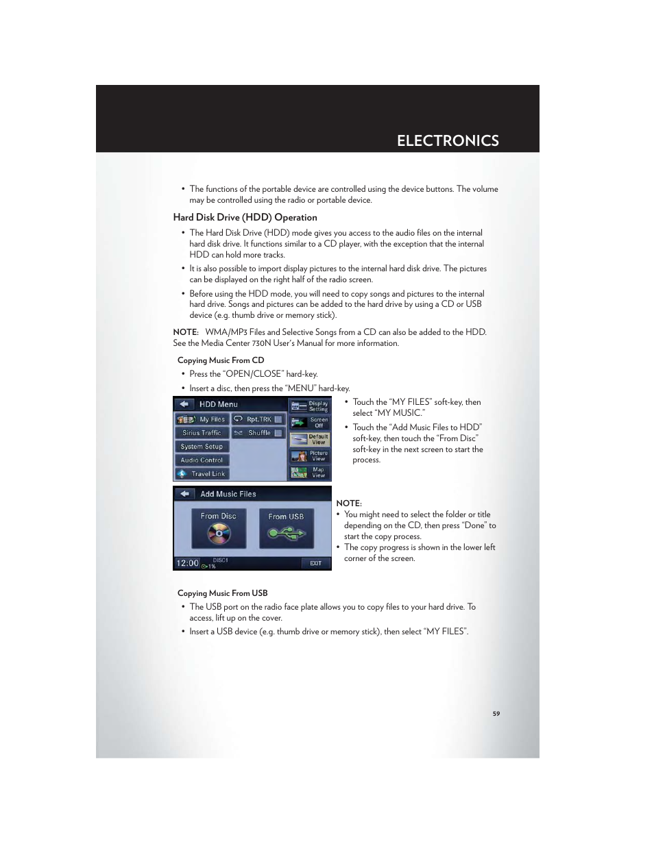 Hard disk drive (hdd) operation, Electronics | Chrysler 2012 Country - User Guide User Manual | Page 63 / 132