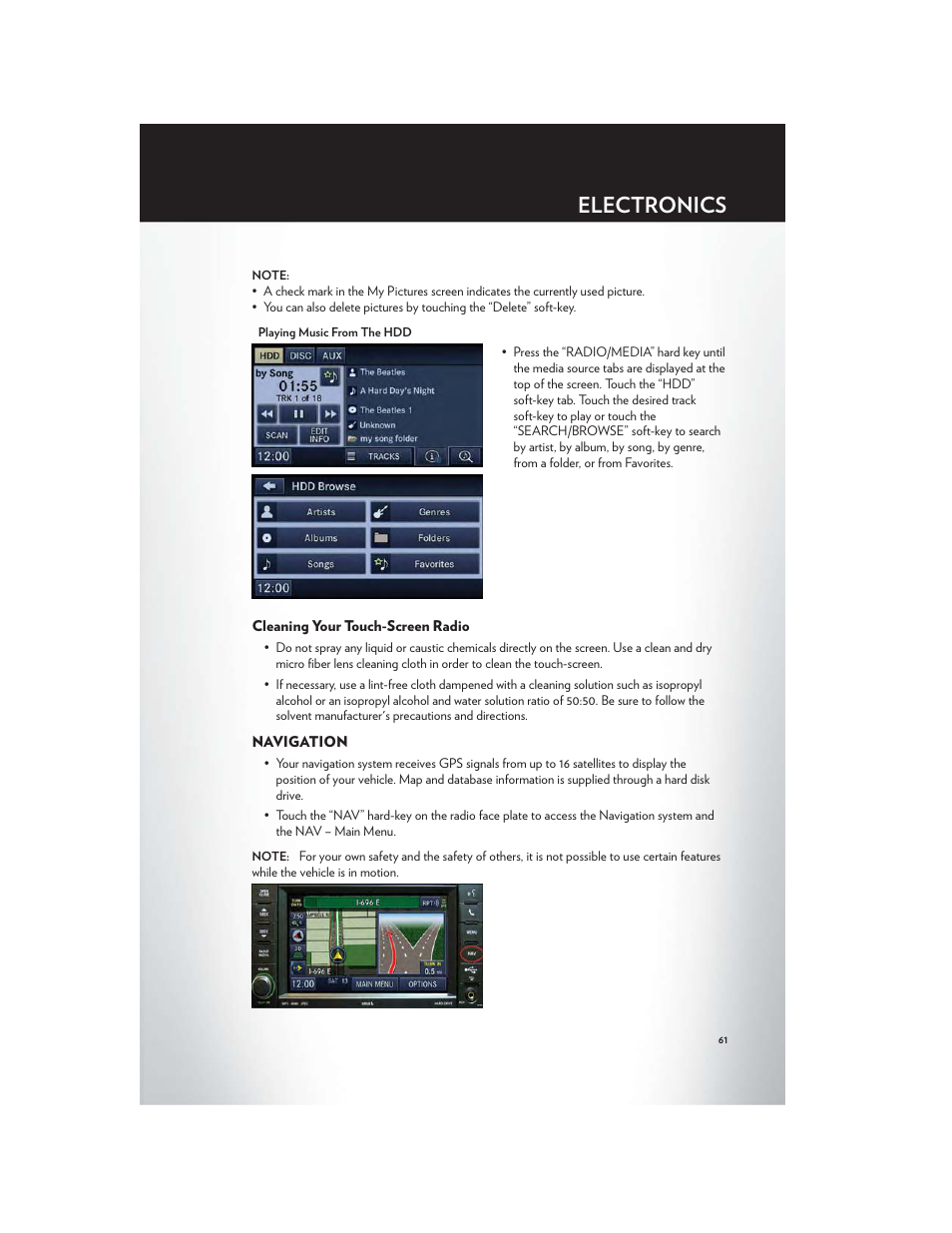 Cleaning your touch-screen radio, Navigation, Electronics | Chrysler 2012 Country - User Guide User Manual | Page 65 / 132