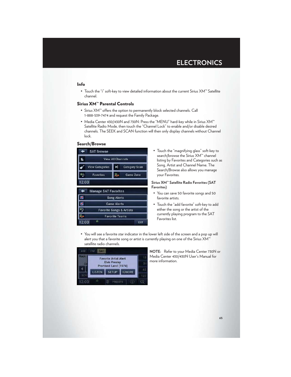 Info, Sirius xm™ parental controls, Search/browse | Electronics | Chrysler 2012 Country - User Guide User Manual | Page 69 / 132