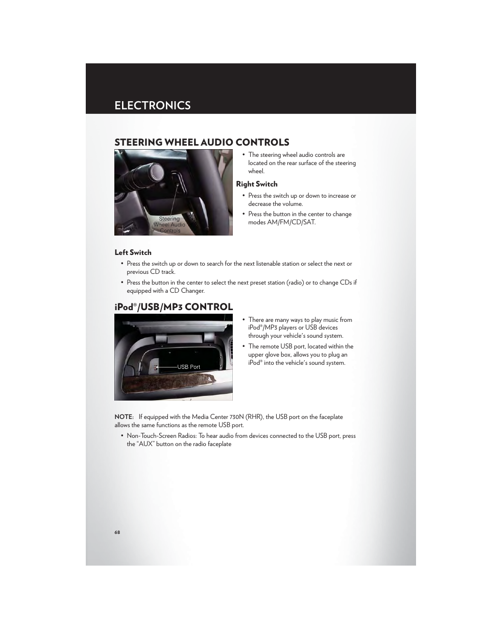 Steering wheel audio controls, Right switch, Left switch | Ipod®/usb/mp3 control, Electronics | Chrysler 2012 Country - User Guide User Manual | Page 72 / 132