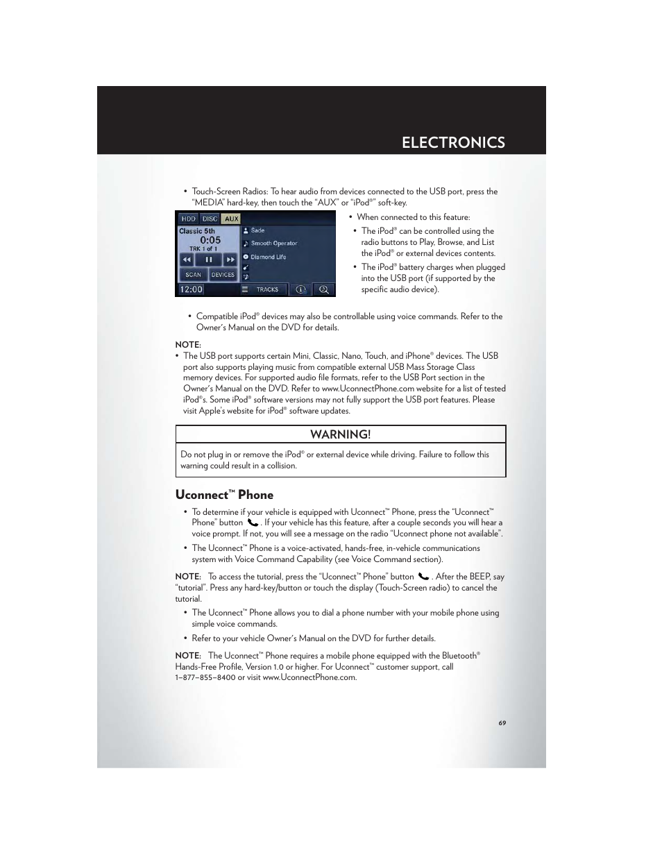 Uconnect™ phone, Electronics, Warning | Chrysler 2012 Country - User Guide User Manual | Page 73 / 132