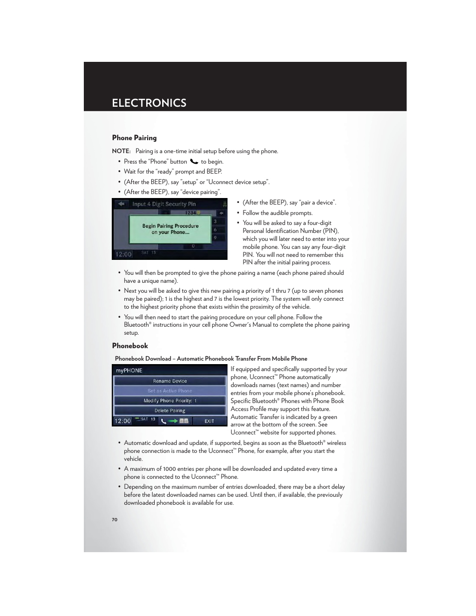 Phone pairing, Phonebook, Electronics | Chrysler 2012 Country - User Guide User Manual | Page 74 / 132