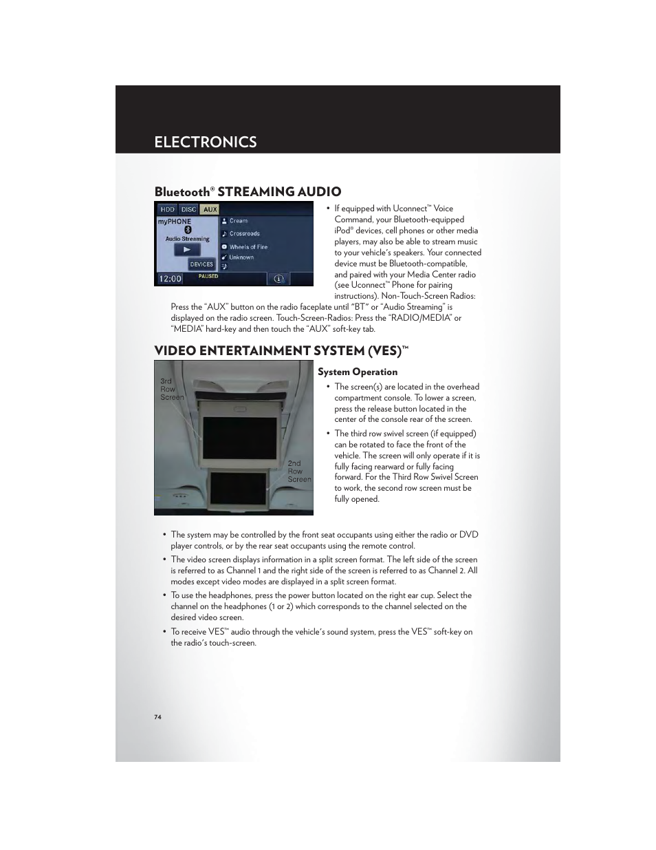 Bluetooth® streaming audio, Video entertainment system (ves), System operation | Electronics | Chrysler 2012 Country - User Guide User Manual | Page 78 / 132