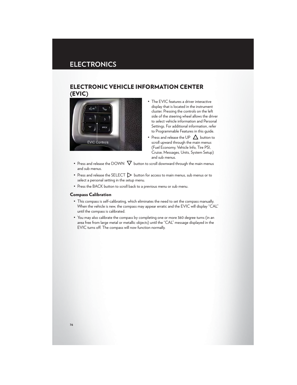 Electronic vehicle information center (evic), Compass calibration, Electronics | Chrysler 2012 Country - User Guide User Manual | Page 80 / 132