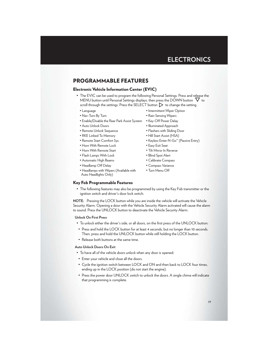Programmable features, Electronic vehicle information center (evic), Key fob programmable features | Electronics | Chrysler 2012 Country - User Guide User Manual | Page 81 / 132
