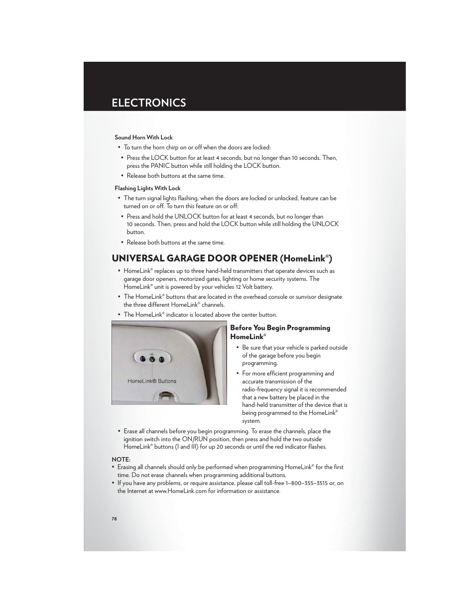 Universal garage door opener (homelink®), Before you begin programming homelink, Electronics | Chrysler 2012 Country - User Guide User Manual | Page 82 / 132