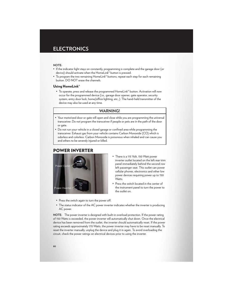 Using homelink, Power inverter, Electronics | Warning | Chrysler 2012 Country - User Guide User Manual | Page 84 / 132