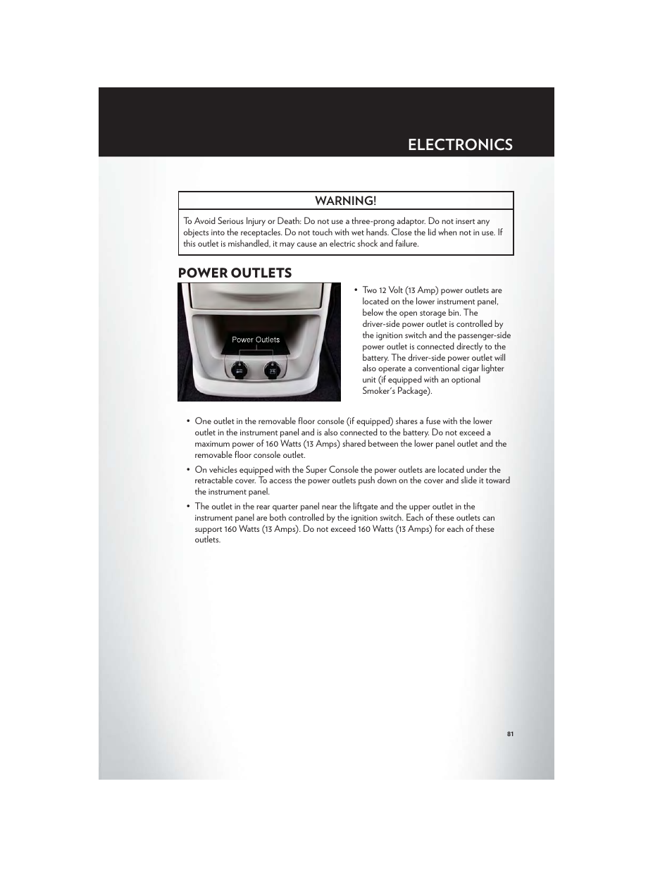 Power outlets, Electronics | Chrysler 2012 Country - User Guide User Manual | Page 85 / 132