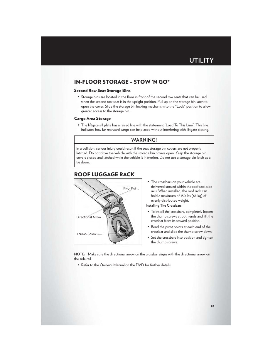 Utility, In-floor storage – stow 'n go, Second row seat storage bins | Cargo area storage, Roof luggage rack | Chrysler 2012 Country - User Guide User Manual | Page 87 / 132
