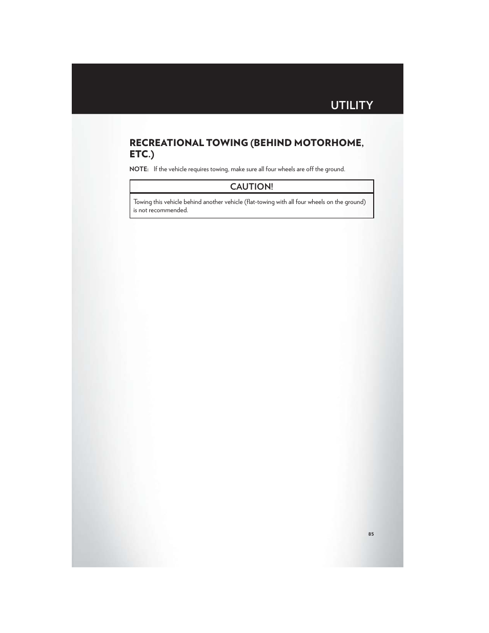 Recreational towing (behind motorhome, etc.), Utility | Chrysler 2012 Country - User Guide User Manual | Page 89 / 132