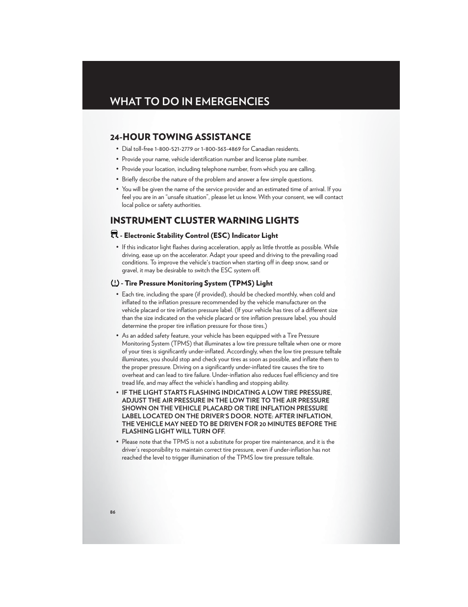 What to do in emergencies, Hour towing assistance, Instrument cluster warning lights | Electronic stability control (esc) indicator light, Tire pressure monitoring system (tpms) light | Chrysler 2012 Country - User Guide User Manual | Page 90 / 132