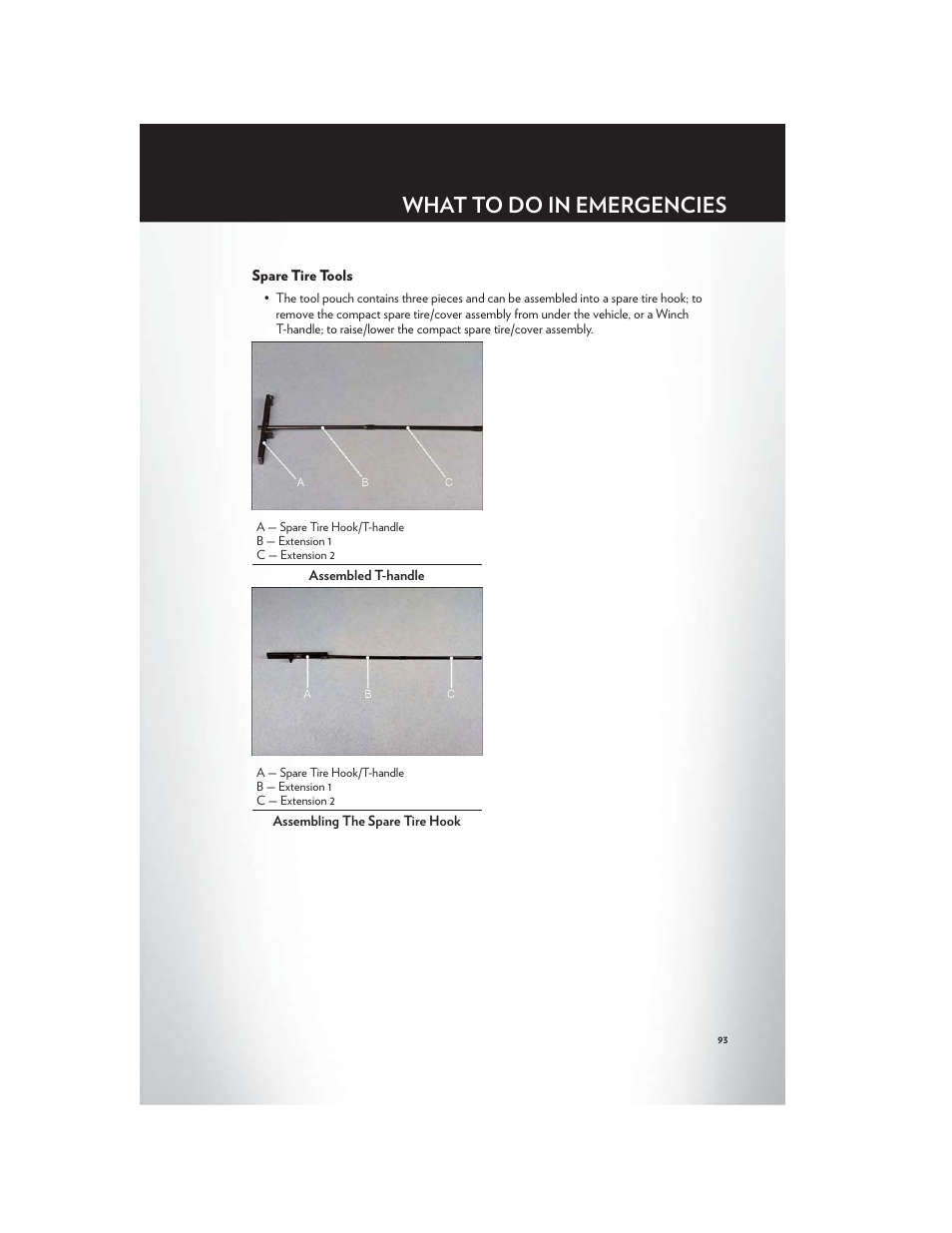 Spare tire tools, What to do in emergencies | Chrysler 2012 Country - User Guide User Manual | Page 97 / 132