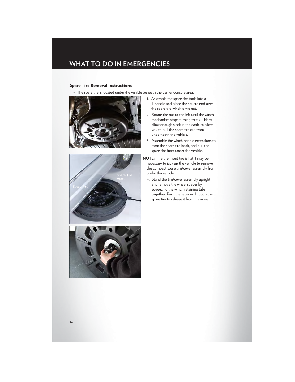 Spare tire removal instructions, What to do in emergencies | Chrysler 2012 Country - User Guide User Manual | Page 98 / 132