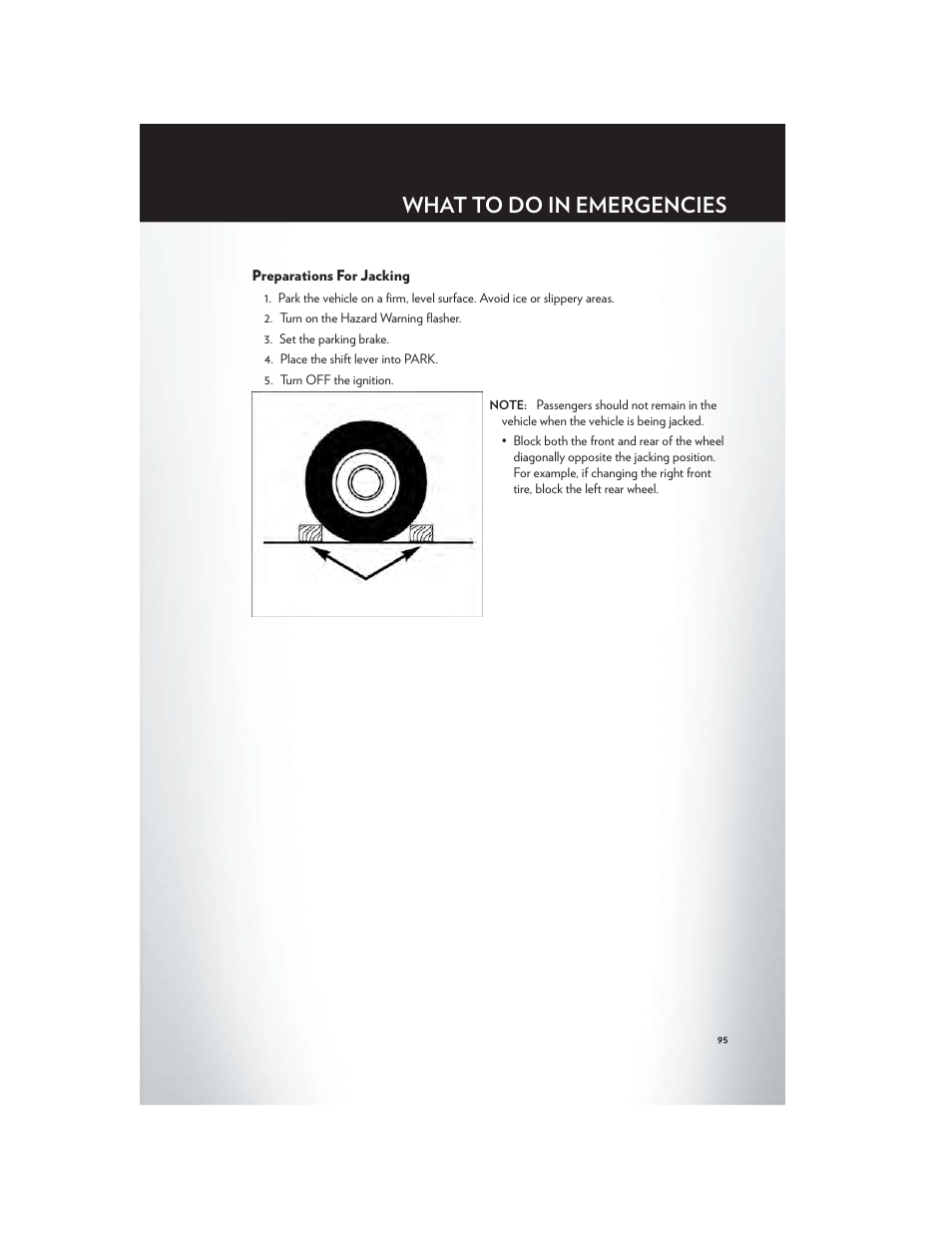 Preparations for jacking, What to do in emergencies | Chrysler 2012 Country - User Guide User Manual | Page 99 / 132