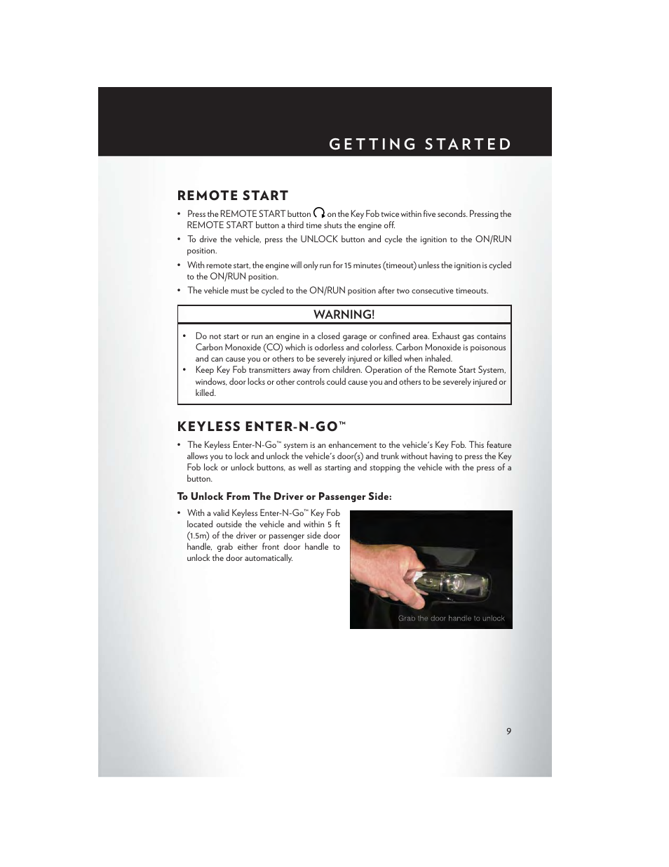 Remote start, Keyless enter-n-go, To unlock from the driver or passenger side | Remote start keyless enter-n-go, Warning | Chrysler 2013 300 - User Guide User Manual | Page 11 / 132