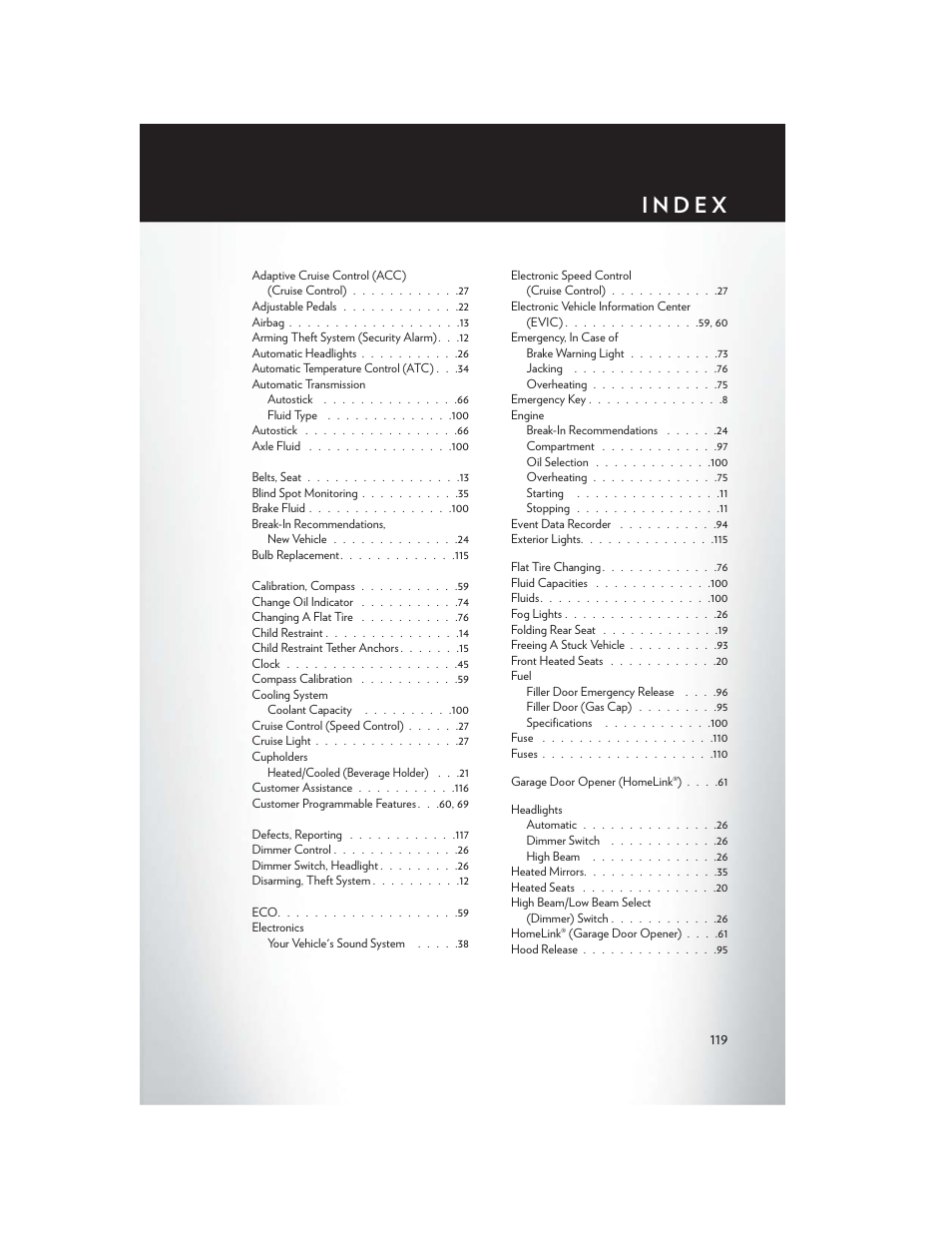 Index | Chrysler 2013 300 - User Guide User Manual | Page 121 / 132