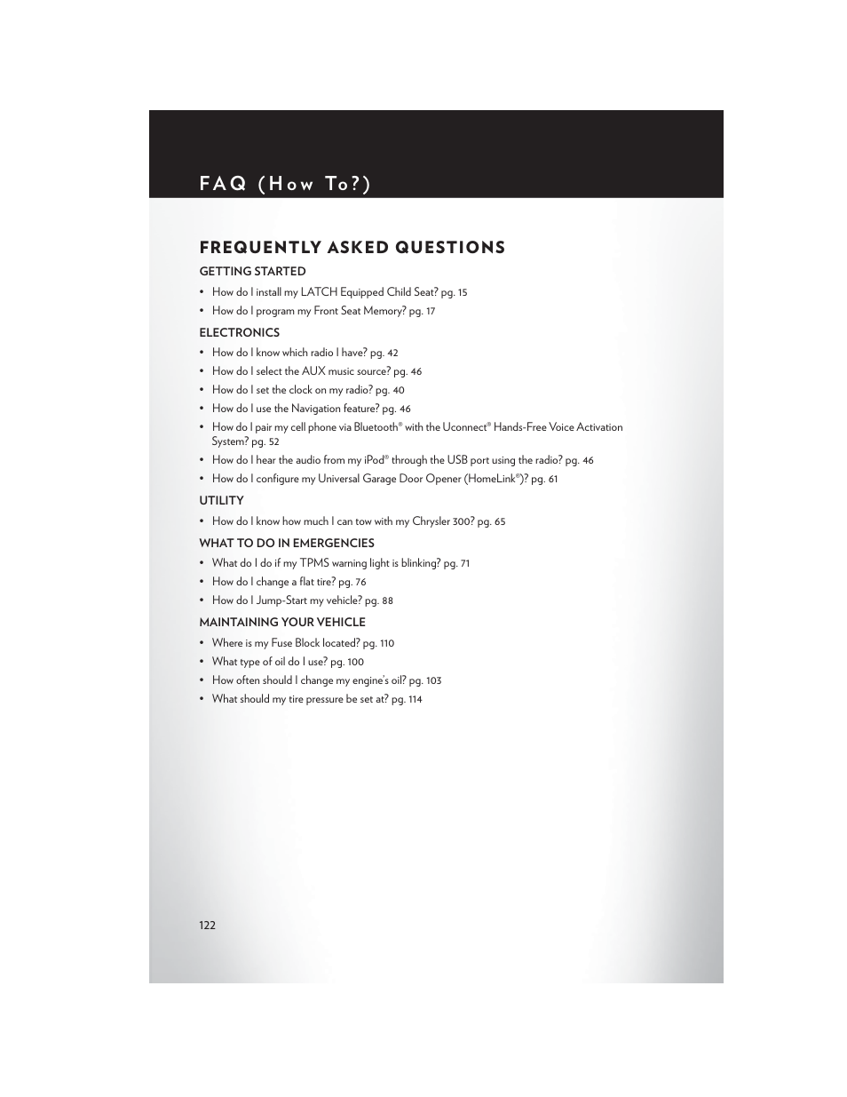 Faq (how to?), Frequently asked questions, F a q ( h o w to ? ) | Chrysler 2013 300 - User Guide User Manual | Page 124 / 132