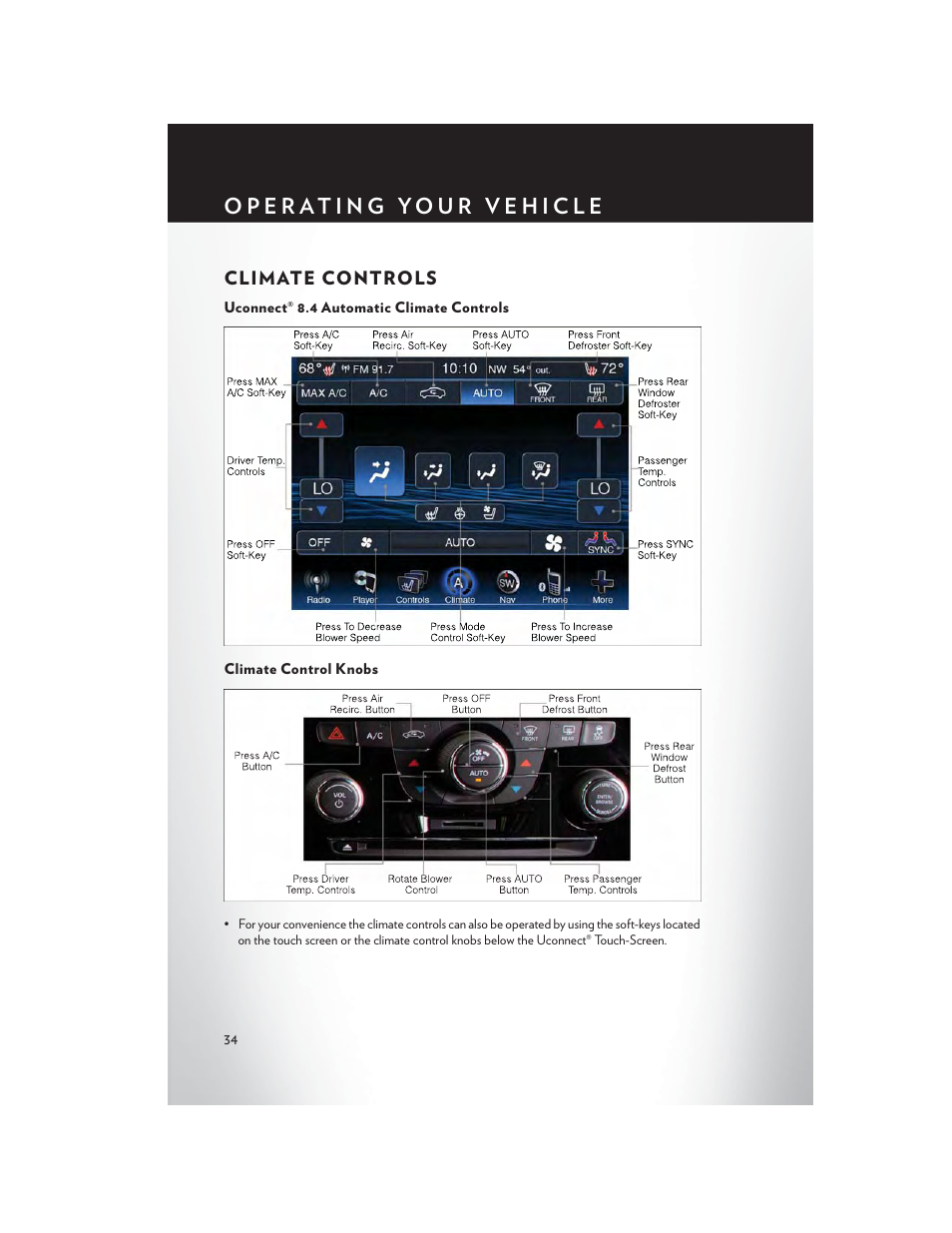 Climate controls, Uconnect® 8.4 automatic climate controls, Climate control knobs | Chrysler 2013 300 - User Guide User Manual | Page 36 / 132