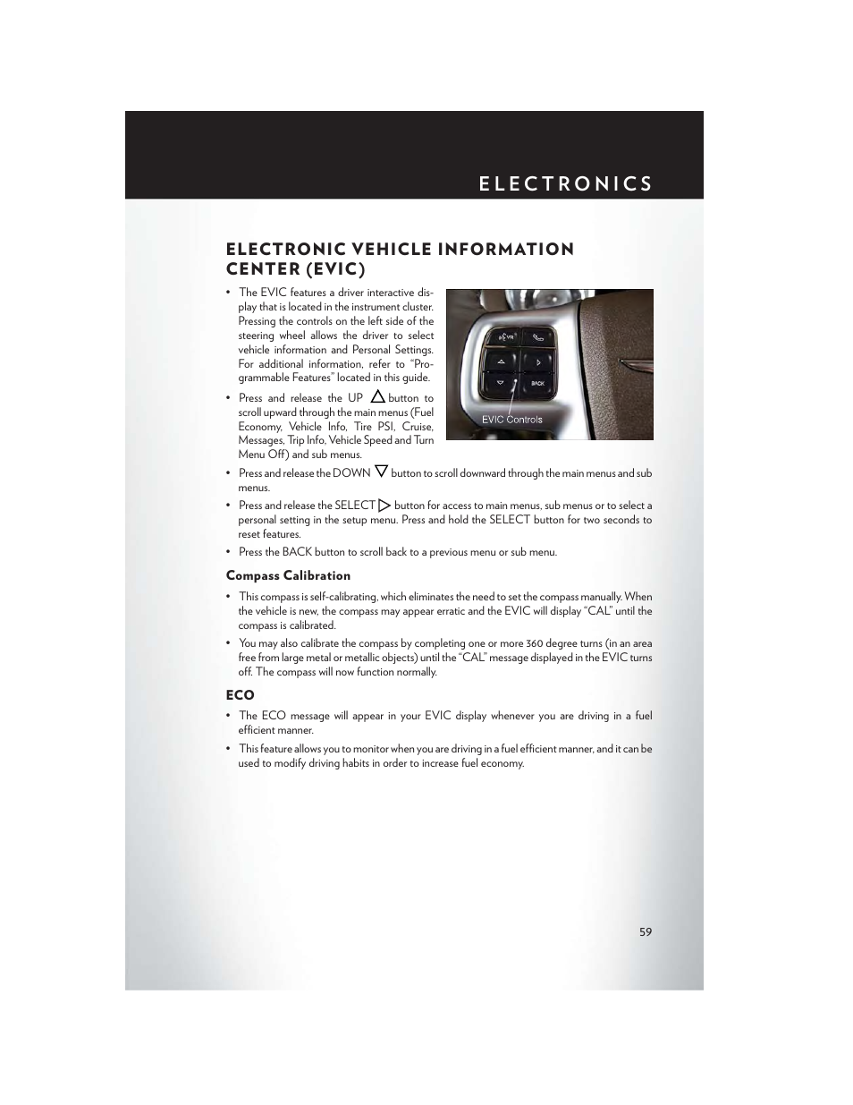 Electronic vehicle information center (evic), Compass calibration, Electronic vehicle information center (evic ) | Chrysler 2013 300 - User Guide User Manual | Page 61 / 132