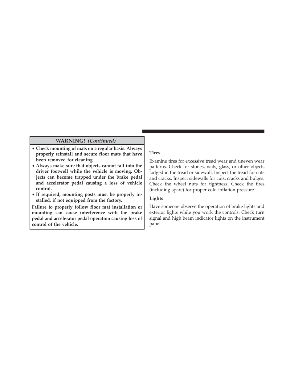 Tires, Lights, Periodic safety checks you should make | Outside the vehicle | Chrysler 2013 300 SRT - Owner Manual User Manual | Page 100 / 580