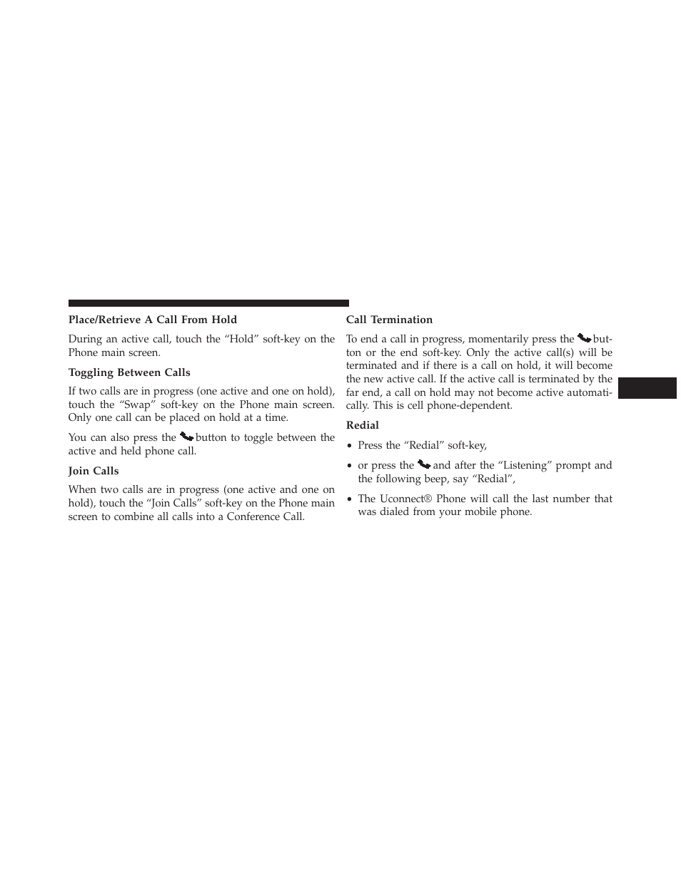 Place/retrieve a call from hold, Toggling between calls, Join calls | Call termination, Redial | Chrysler 2013 300 SRT - Owner Manual User Manual | Page 143 / 580