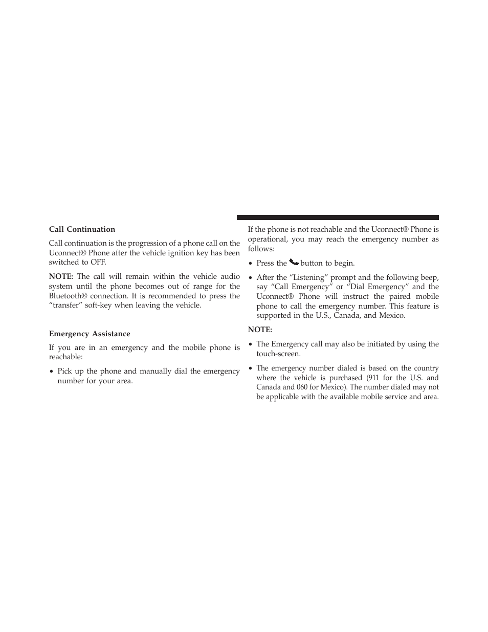 Call continuation, Uconnect® phone features, Emergency assistance | Chrysler 2013 300 SRT - Owner Manual User Manual | Page 144 / 580