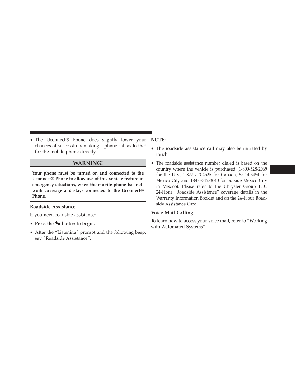 Roadside assistance, Voice mail calling | Chrysler 2013 300 SRT - Owner Manual User Manual | Page 145 / 580