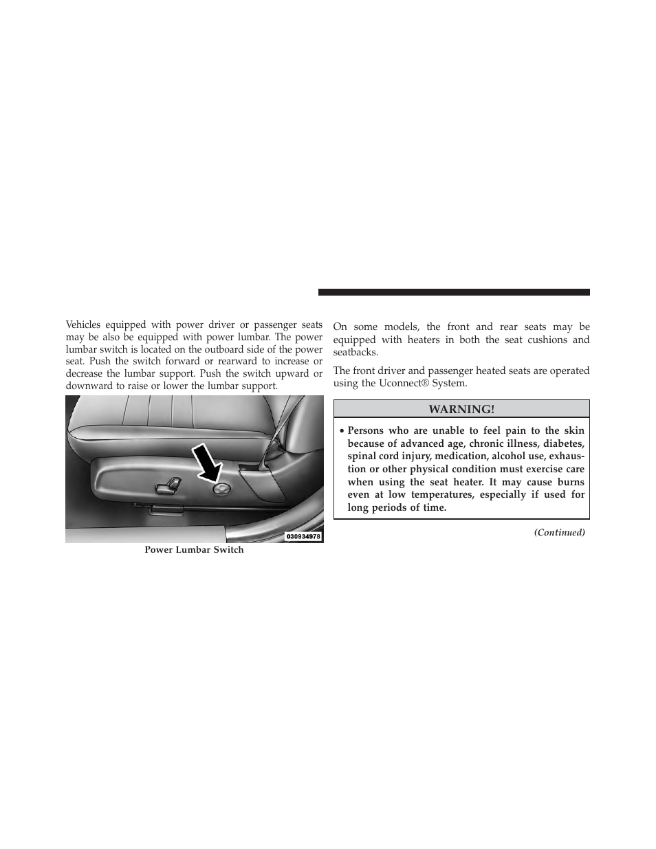 Power lumbar — if equipped, Heated seats — if equipped | Chrysler 2013 300 SRT - Owner Manual User Manual | Page 184 / 580