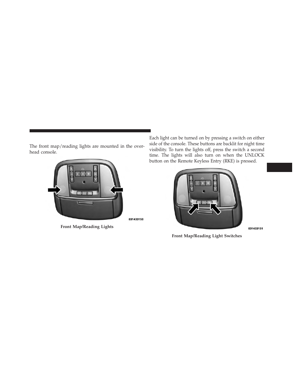 Front map/reading lights | Chrysler 2013 300 SRT - Owner Manual User Manual | Page 207 / 580