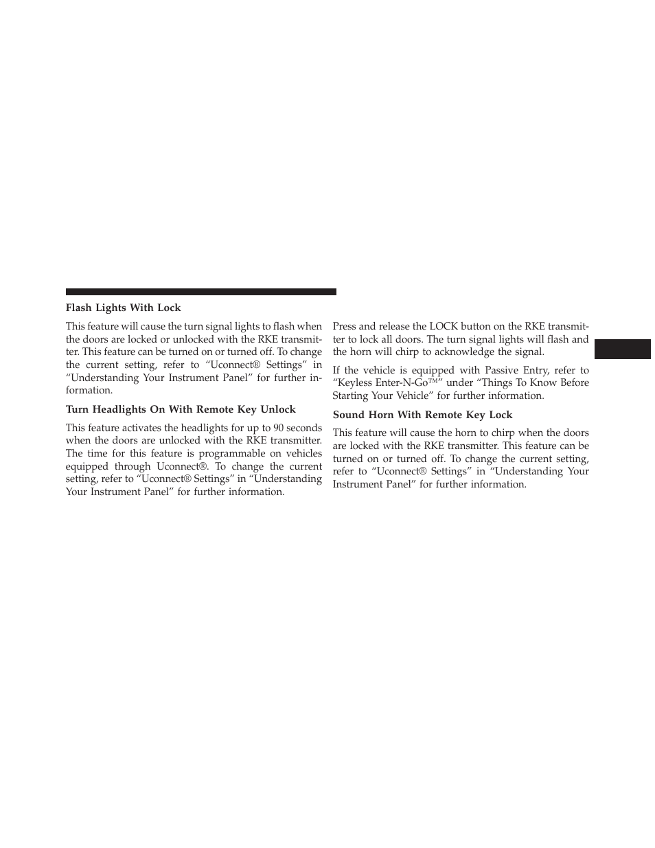 Flash lights with lock, Turn headlights on with remote key unlock, To lock the doors | Sound horn with remote key lock | Chrysler 2013 300 SRT - Owner Manual User Manual | Page 25 / 580