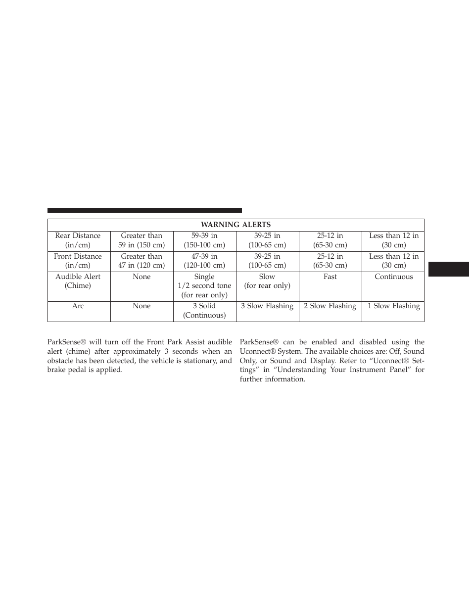 Front park assist audible alerts, Enabling and disabling parksense | Chrysler 2013 300 SRT - Owner Manual User Manual | Page 255 / 580