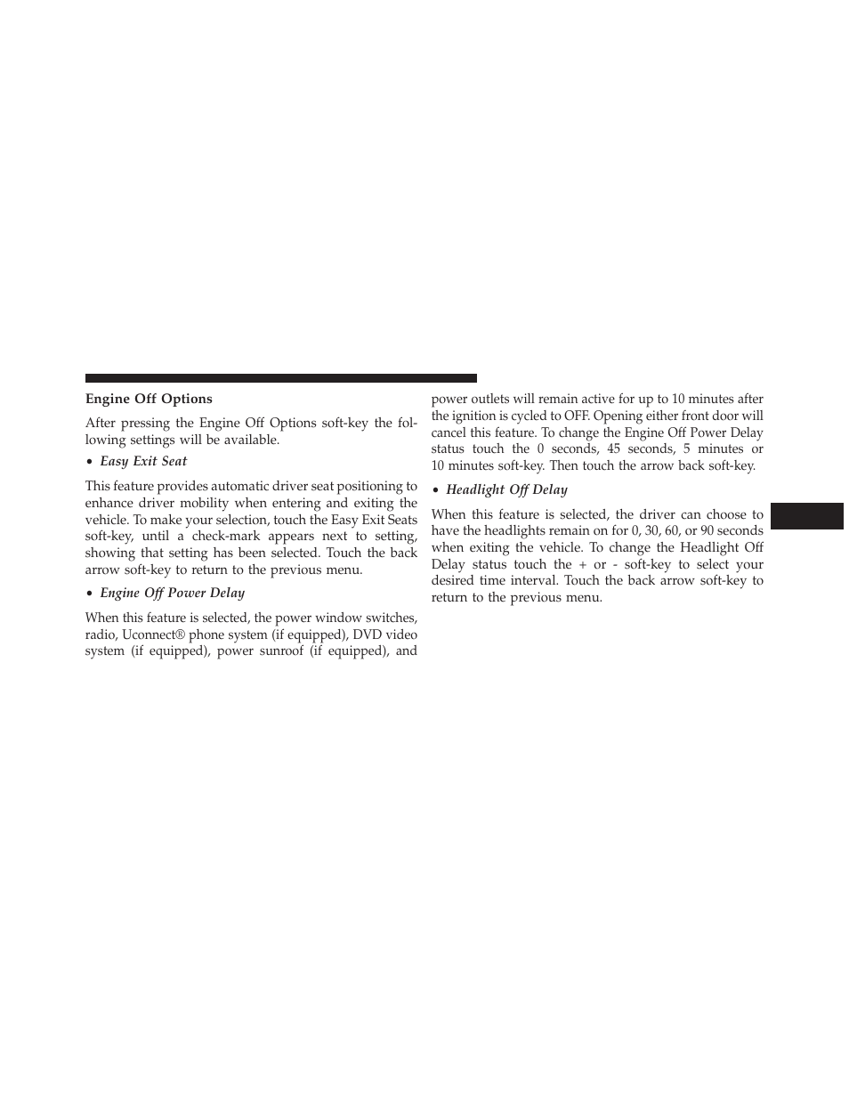 Engine off options | Chrysler 2013 300 SRT - Owner Manual User Manual | Page 343 / 580